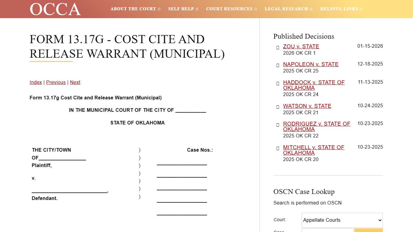 Cost Cite and Release Warrant (Municipal)